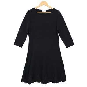 Nanette Lepore Women's Black Guipure Lace Trim Knit A-Line Large